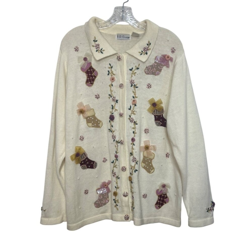 VTN BP Design Christmas Cardigan Sweater Womens Large Cream Embroidered